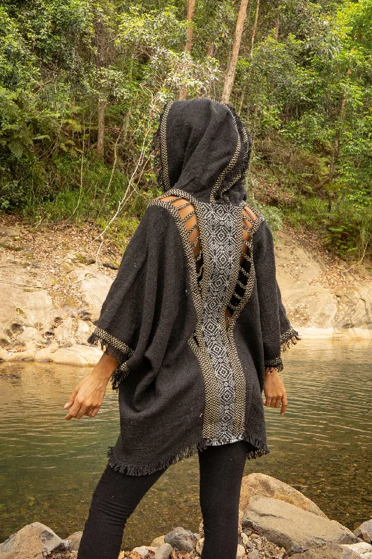 Women's Travel Attire WIZARD Womens Black Hooded Kimono Vest Tribal Ritual Ceremony Shamanic Gypsy Festival Magic Ritual Alchemy Primitive Rave Boho Earthy AJJAYA